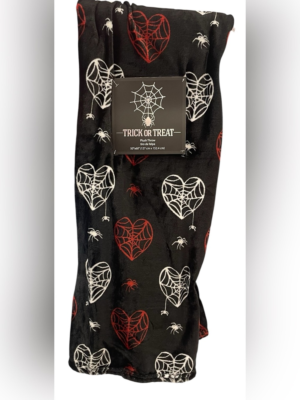 Halloween Spiderweb-Hearts  Plush Throw Black Red White Spiders 50 x 60 NEW NWT
